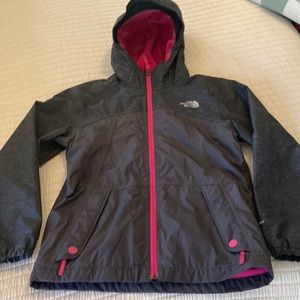 The North Face rain/windbreaker jacket. Size girls 14/16. Gray/pink